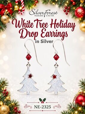 Silver Forest White Tree with Red Star Holiday Drop Earrings in Silver